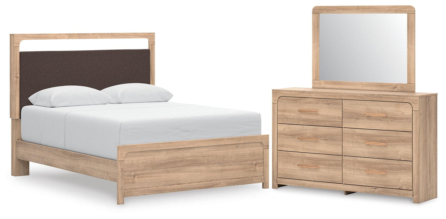 Kinlanni - 3 Pc. - Queen Upholstered Panel Bed With Roll Slats, Dresser And Mirror - Tan Signature Design by Ashley®