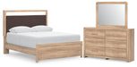 Kinlanni - 3 Pc. - Queen Upholstered Panel Bed With Roll Slats, Dresser And Mirror - Tan Signature Design by Ashley®