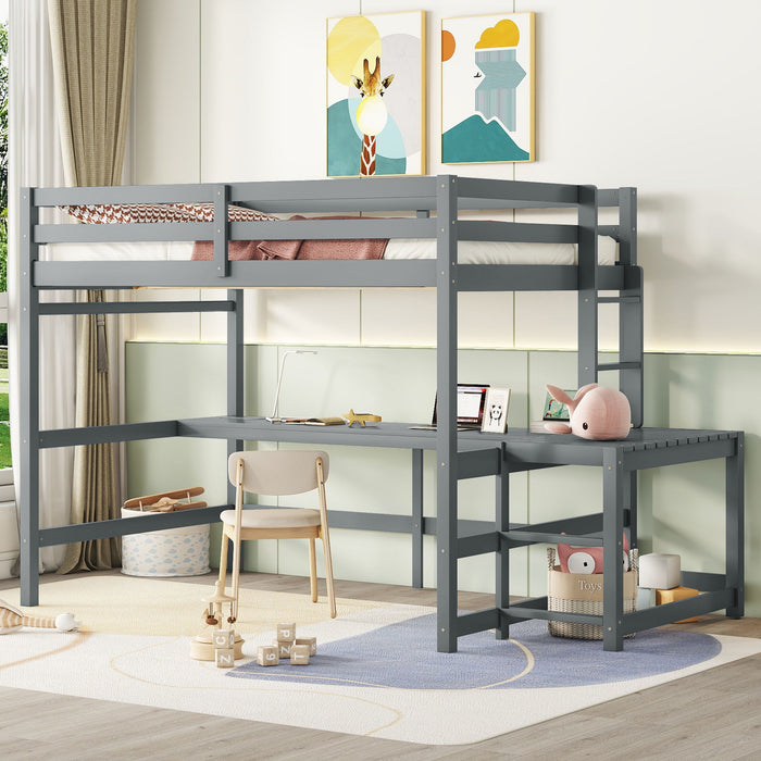 Loft Bed With Built-In Desk, Ladder Platform, Ladders, Guardrails