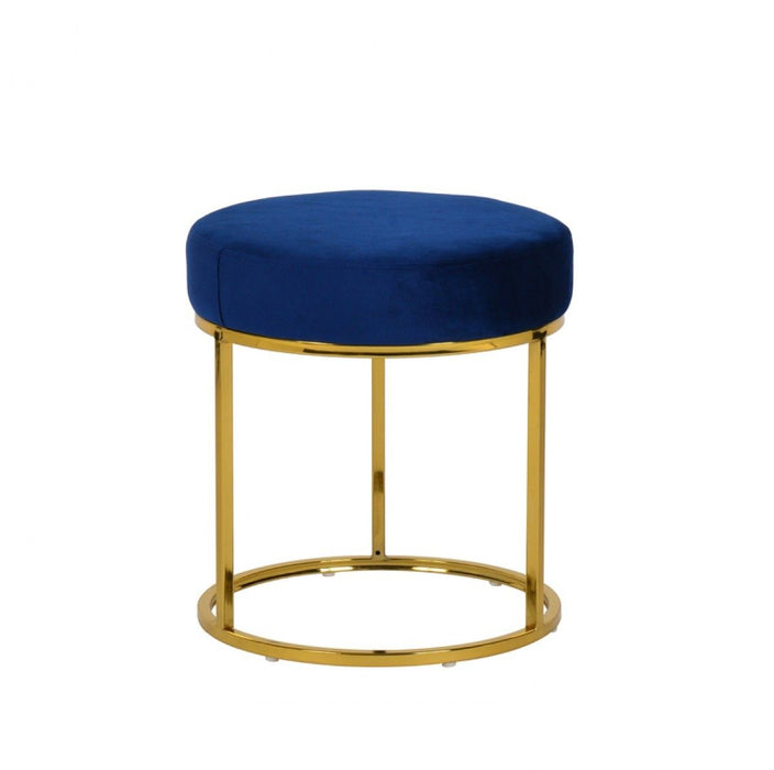 Velvet Round Footstool Ottoman - Blue / Gold