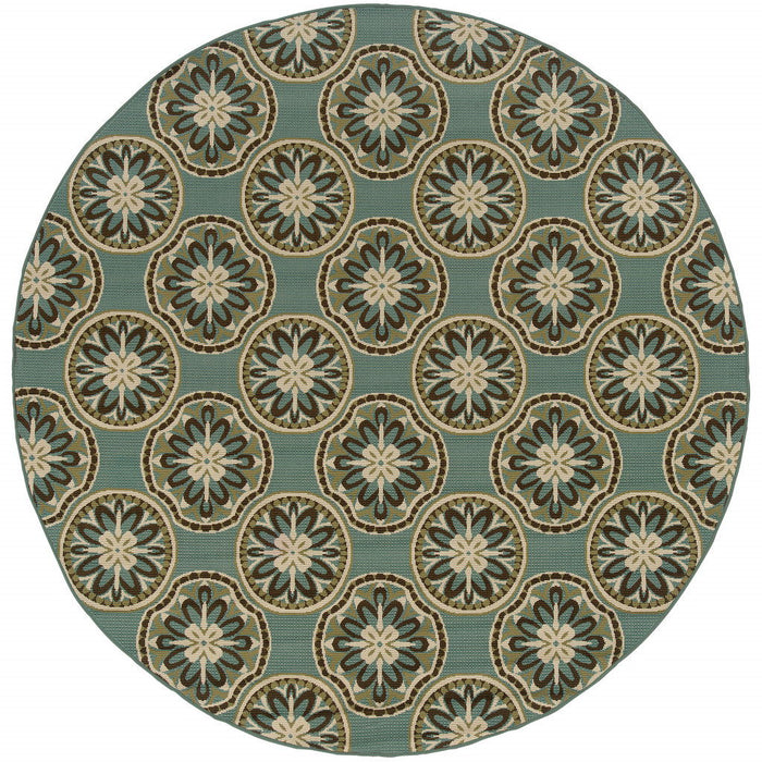 8' X 8' Round Floral Stain Resistant Indoor / Outdoor Area Rug - Blue / Ivory