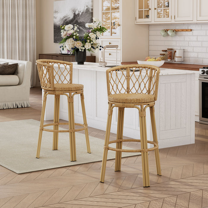 Bohemia - Outdoor Brown Wicker Bar Stool (Set of 2) With Metal Frame And Faux Rattan - Light Brown