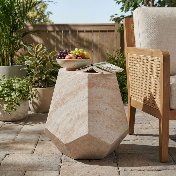Outdoor / Indoor Lightweight Concrete Side Table, Hexagonal Round Travertine Accent Table - Beige