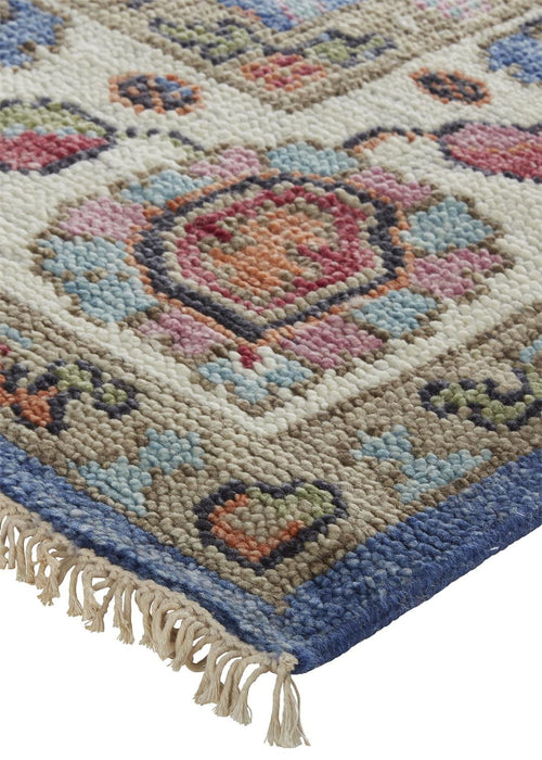 Floral Hand Knotted Stain Resistant Area Rug - Blue Beige And Red Wool - 8' X 10'
