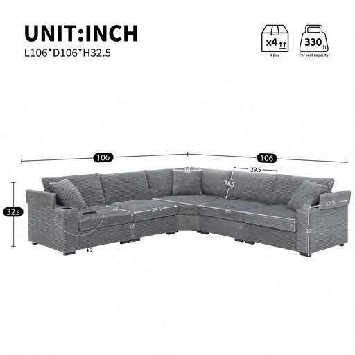 Convertible L Shaped Sectional Corner Couch With Armrest Storage Cup Holders USB Charger, Irregular Corner Oversized Comfy Modular Sofa Luxe & Co.