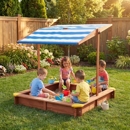 Kids Sandbox With Cover, Sand Box With Adjustable Canopy, Large Outdoor Cedar Sandpit For Backyard Play - Reddish Brown Daily Nest