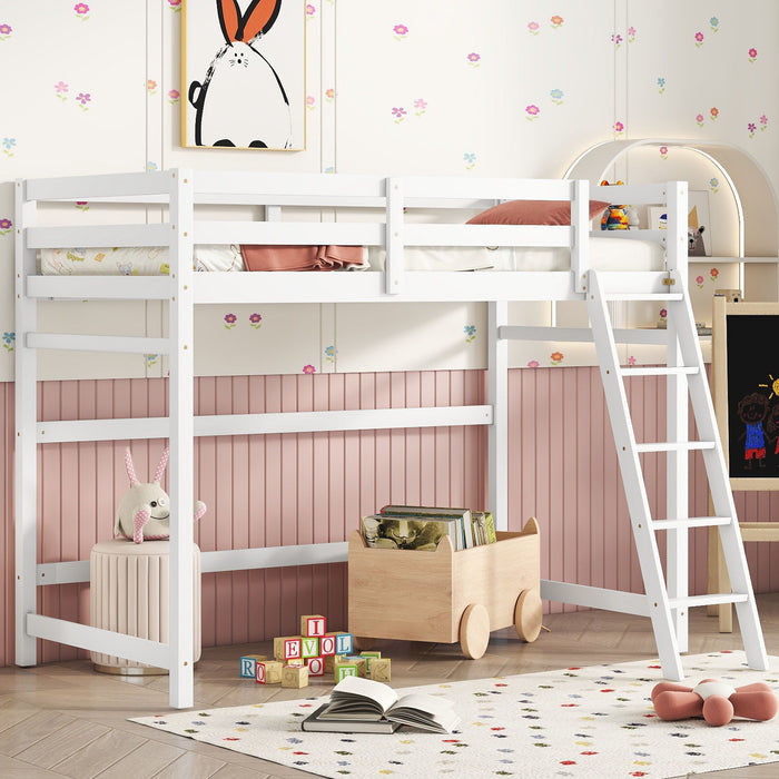 High Loft Bed With Inclined Ladder, Guardrails