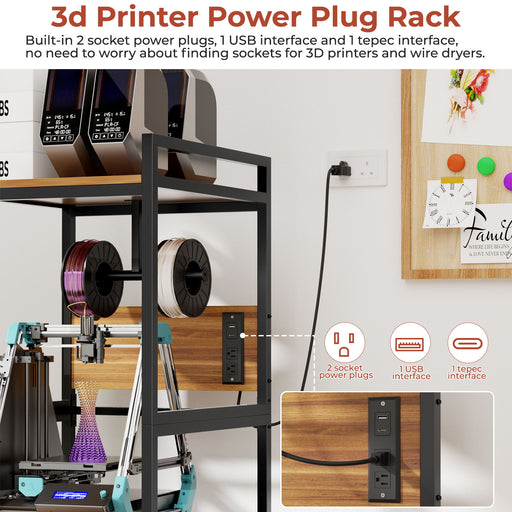 3D Printer Stand With Filament Storage, T-Type Holder, Built In Power Panelб Open Frame Printer Workstation - Black Daily Nest