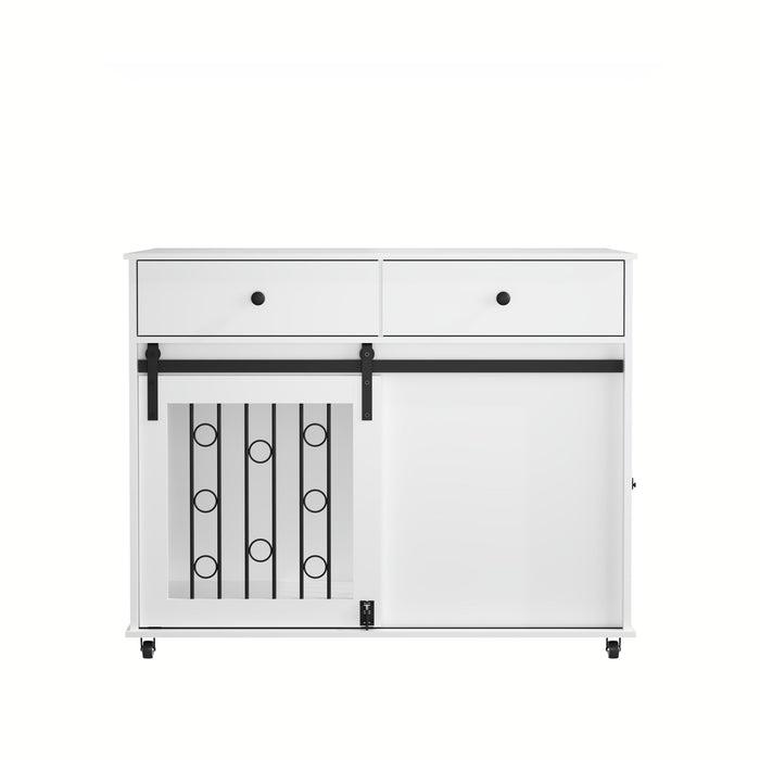 Dog Crate Furniture With Double Drawers And Sliding Barn Door, Pet Kennel For Small To Medium Dogs - White Home Essentials