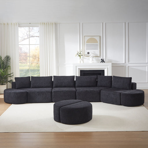 Modular Sectional Sofa With 6 Pillows And 4 Curved Footstools For Living Rooms - Black Home Essentials