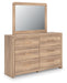 Kinlanni - 3 Pc. - Queen Upholstered Panel Bed With Roll Slats, Dresser And Mirror - Tan Signature Design by Ashley®