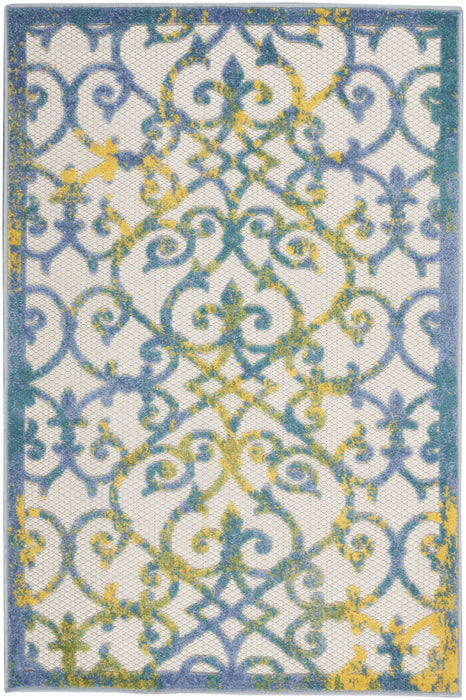 3' X 4' Damask Non Skid Indoor / Outdoor Area Rug - Ivory / Blue