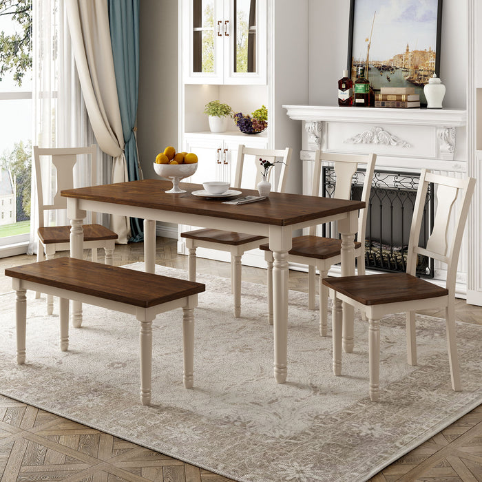 6 Piece Dining Set Classic Wooden Table And 4 Chairs With Bench For Kitchen Dining Room - Brown / Cottage White Hearth and Haven