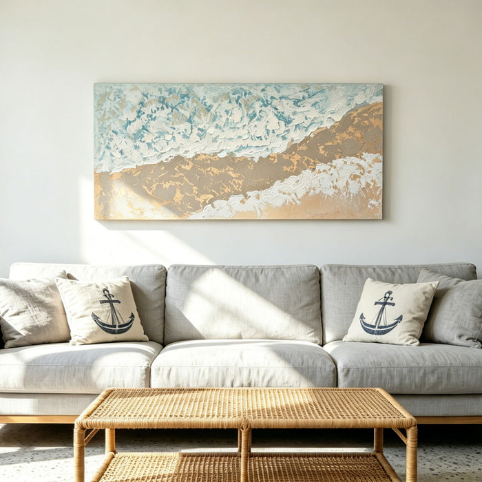 Neutral Beach Landscape Canvas Wall Art, Hand Painted Thick Textured Painting, Decor For Living Room - Beige / Blue Daily Nest