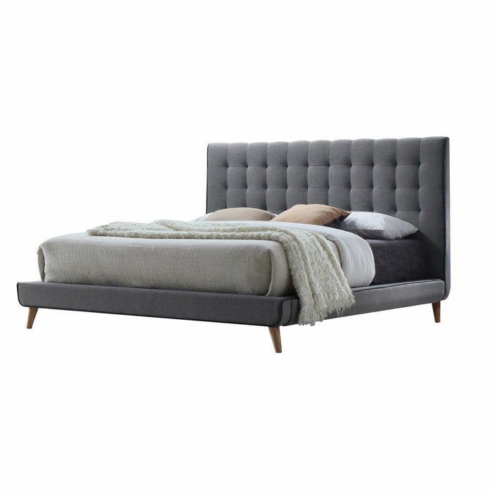 Buttonless Tufted Fabric Queen Bed With Natural Finish Legs - Light Gray