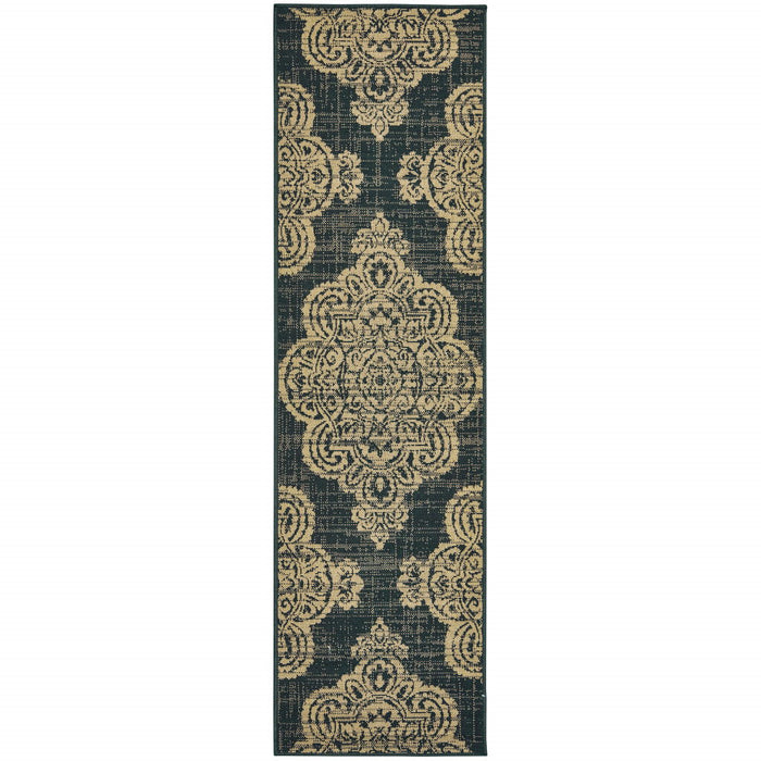 2' X 8' Oriental Stain Resistant Indoor / Outdoor Area Rug - Black / Tan