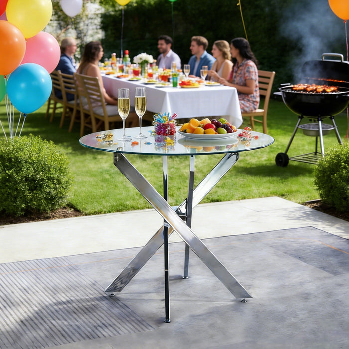 Dining Table With Cross Metal Leg And Tempered Glass, Modern Space Saving Kitchen Table For Living Room