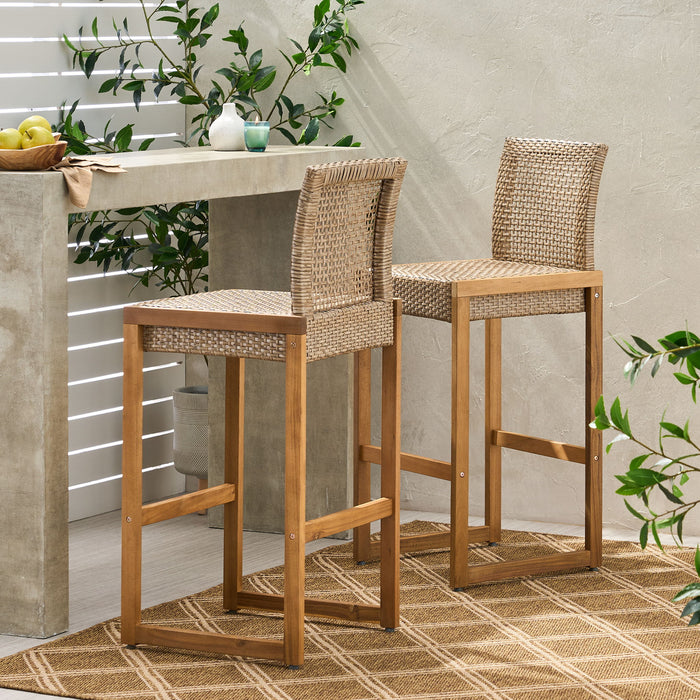 Outdoor Barstool With Rattan Wicker Top (Set of 2) - Brown