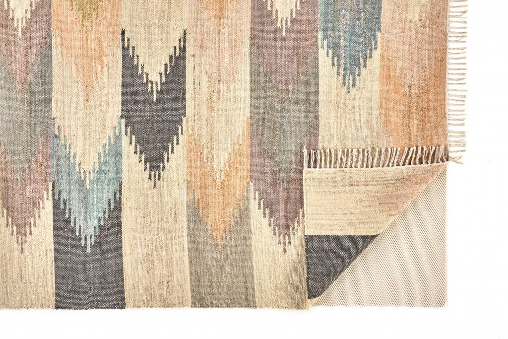 Geometric Dhurrie Flatweave Handmade Area Rug With Fringe - Tan Blue And Orange - 10' X 14'
