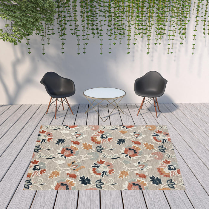 8' X 10' Floral Stain Resistant Outdoor & Indoor Area Rug - Blue / Gray