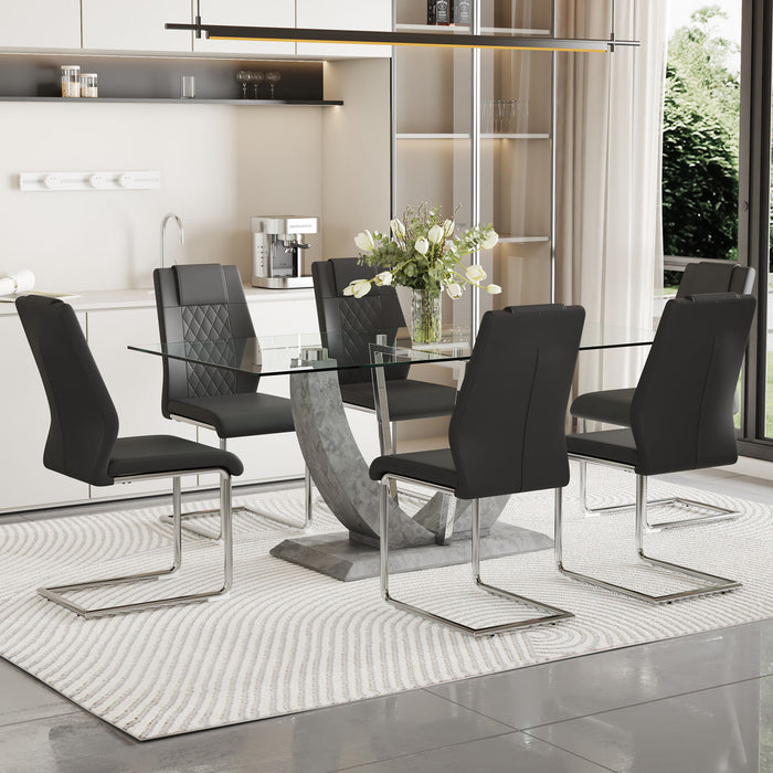 1 Table And 6 Chairs Set, Large Rectangular Table, Equipped Table Top And MDF Table Legs, Paired With 6 Chairs With Faux Leather Padded Seats And Metal Legs - MDF / Glass