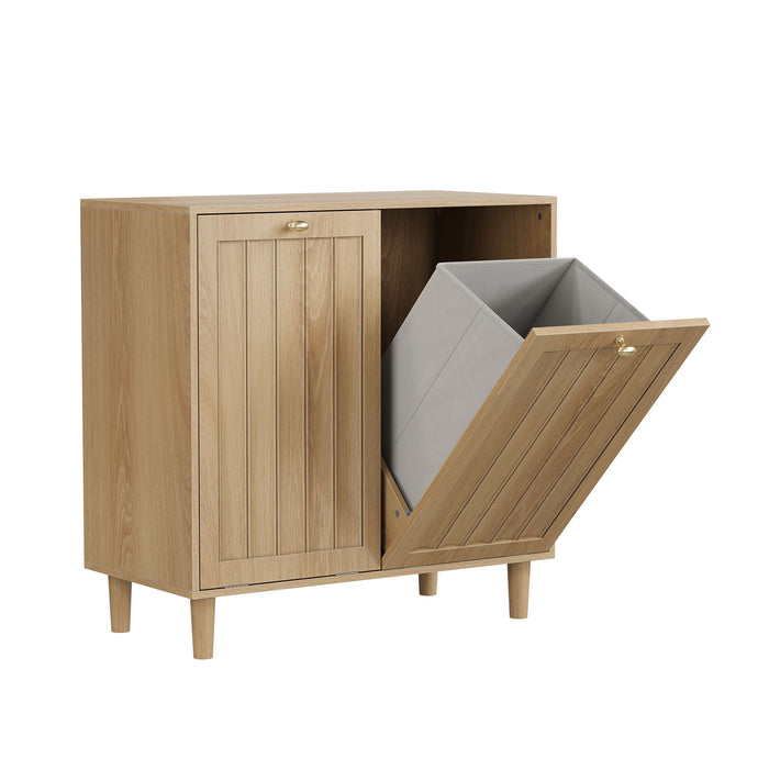 Sloping Laundry Basket With Removable Inner Bin, Concealed Storage Cabinet For Bathroom - Oak Home Essentials