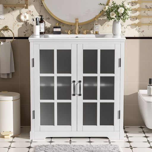 Modern Bathroom Vanity With Ceramic Sink, Tempered Blurred Glass Doors Noble House