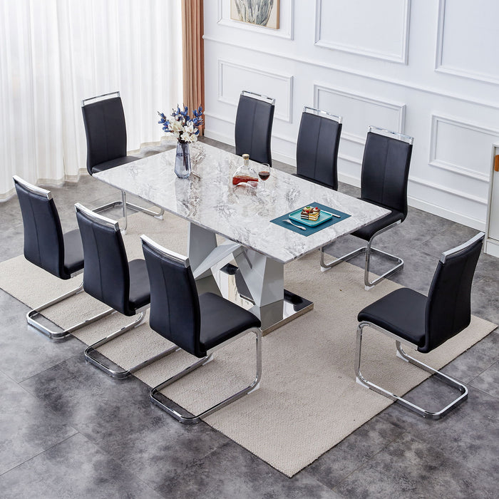 1 Table And 8 Chairs Set, Modern Gray MDF Faux Marble Dining Table With Double V-Shaped Supports.Paired With 8 Modern, PU Artificial Leather Soft Cushion With Silver Metal Legs - MDF / Metal