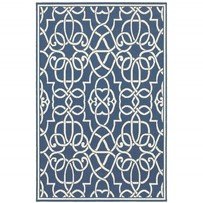 5' X 8' Geometric Stain Resistant Outdoor & Indoor Area Rug - Blue / Ivory