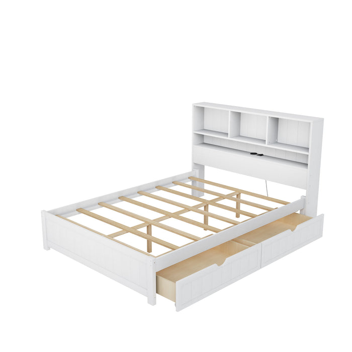 Platform Bed With Bookcase Headboard, Built-In Downlight, Charging Station, And 2 Side Drawers