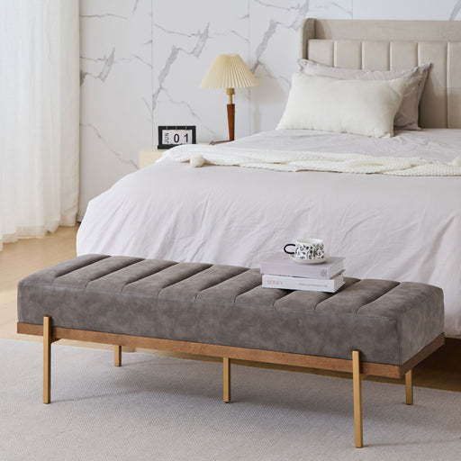 Thorian - Luxury Upholstered Ottoman Bench With Channel Tufting And Metal Base - Gold / Gray Noble House