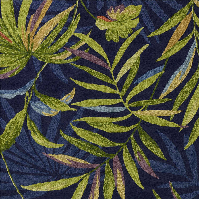 8' X 10' Hand Hooked UV Treated Oversized Tropical Leaves Indoor / Outdoor Area Rug - Ink Blue