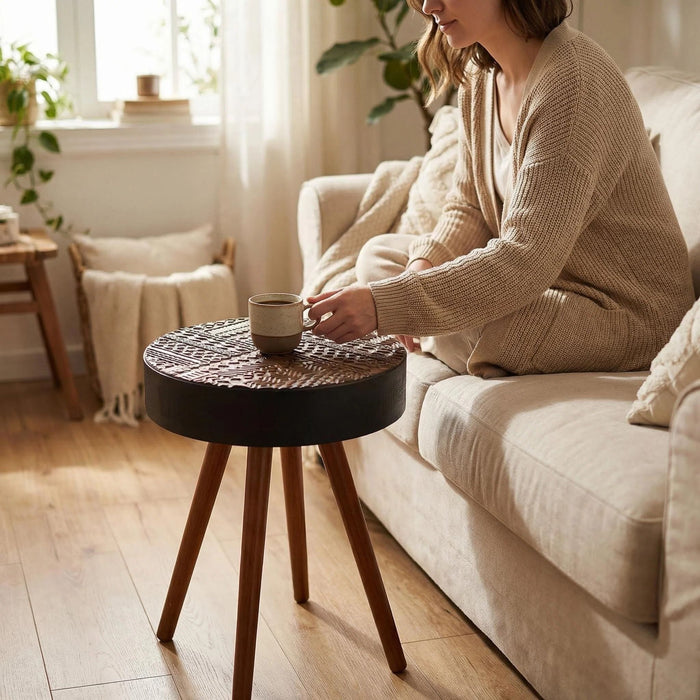 Round Coffee Table With Carved Top For Living Room Home Essentials