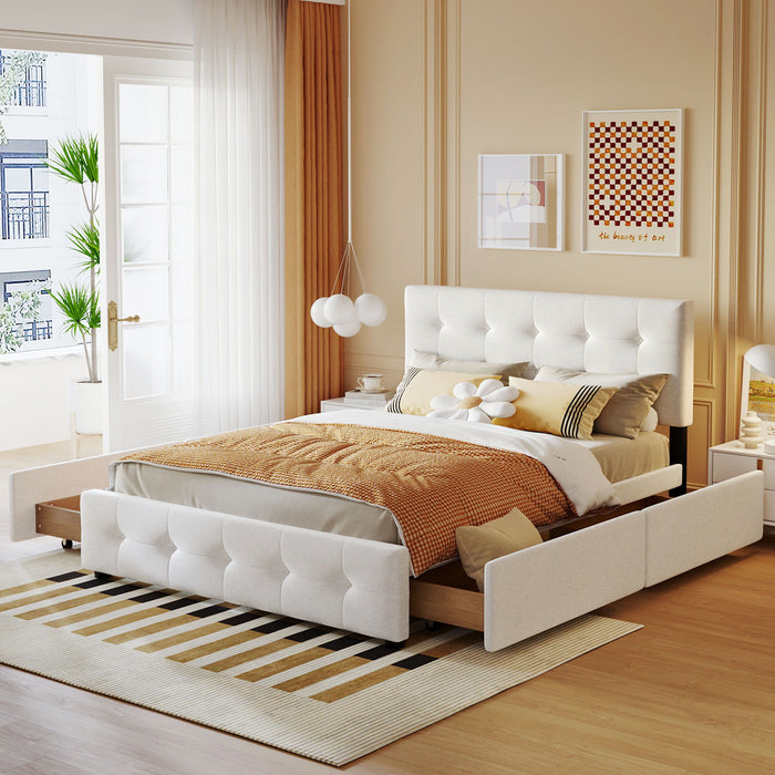Upholstered Platform Bed With Classic Headboard And Drawers, No Box Spring Needed
