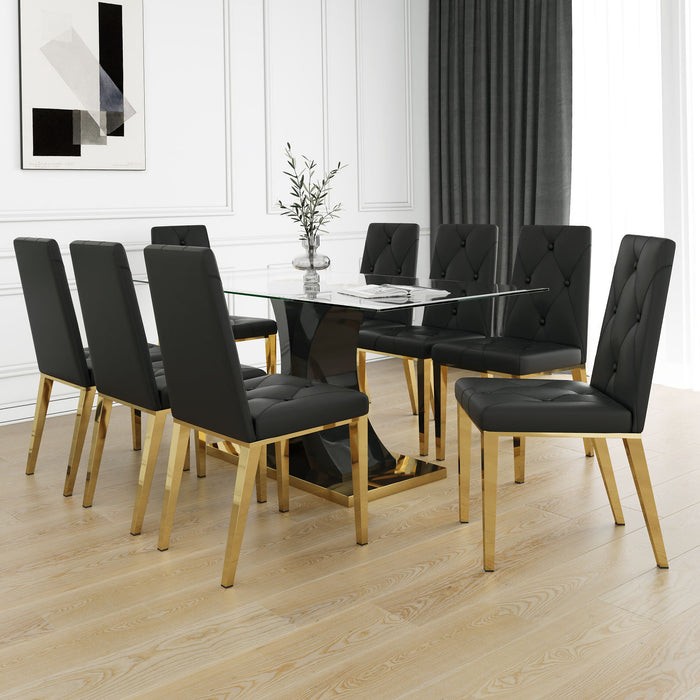 Modern Style Glass Dining Table, Elegant Transparent Design, Solid Support Base, Black Dining Chair Set, Gold-Plated Chair Legs, Suitable For Restaurant Kitchens