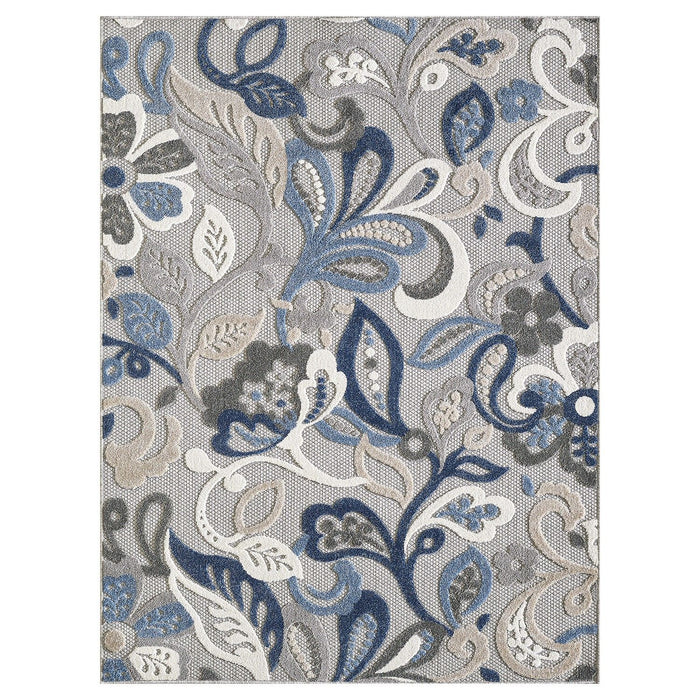 8' X 10' Floral Stain Resistant Indoor / Outdoor Area Rug - Blue / Gray