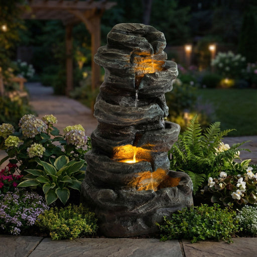 6 Tier Cascading Stone Water Fountain With LED Lights - Gray Patioseek