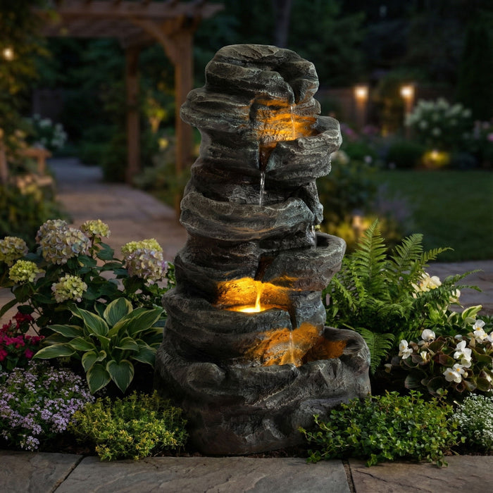 6 Tier Cascading Stone Water Fountain With LED Lights - Gray Patioseek