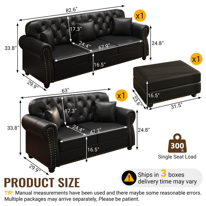 Upholstered Sofa With Nailhead Trim, Rolled Armrests With Ottoman Home Essentials