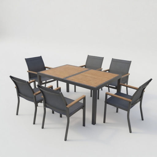 7 Piece Gray Aluminum Patio Dining Set With Textilene Chairs For Outdoor Living Frame With Accents, 59" Rectangle Table, All Weather Durable Home Essentials