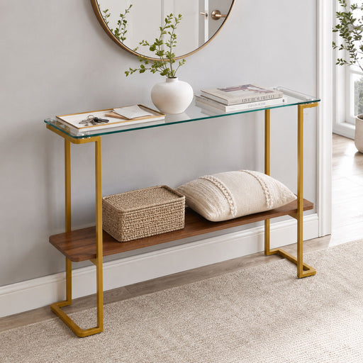 Console Table With Shelf, 2 Tier Living Room - Gold / Walnut Home Essentials