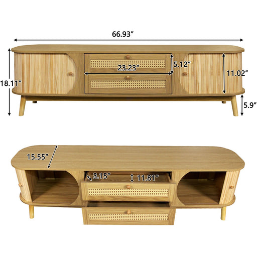 Rattan TV Stand For Tvs Up To 75'', Modern Farmhouse Media Console, Entertainment Center With Legs, TV Cabinet For Living Room, Home Theatre - Natural Wood Hearth and Haven