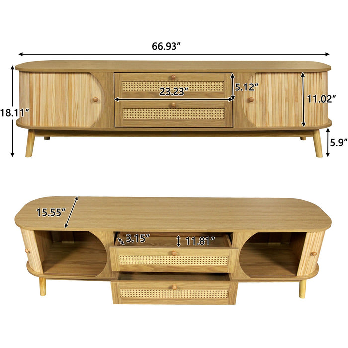 Rattan TV Stand For Tvs Up To 75'', Modern Farmhouse Media Console, Entertainment Center With Legs, TV Cabinet For Living Room, Home Theatre - Natural Wood Hearth and Haven