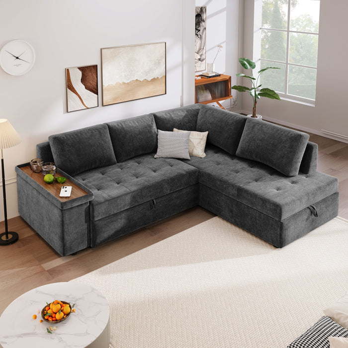 L Shaped Couch With Pull Out Bed And Storage Sectional Sleeper Sofa With Hidden Storage, Wide Armrest With Storage, For Living Room, Apartment, Bedroom, Office