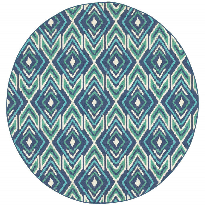 8' X 8' Round Geometric Stain Resistant Area Rug Indoor & Outdoor - Ivory / Blue