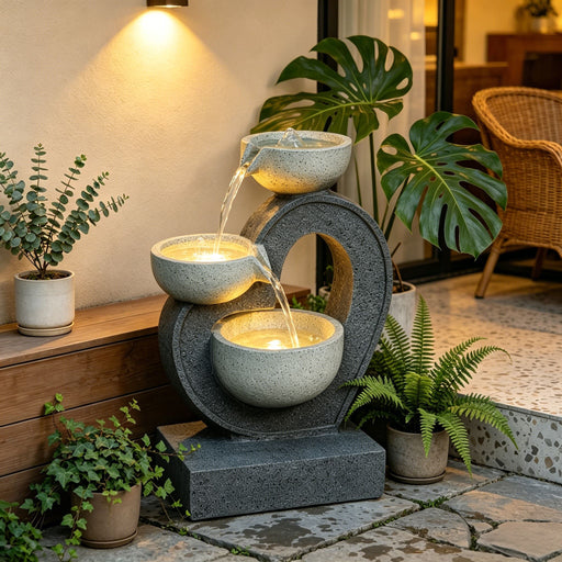 3 Tier Outdoor Water Fountain With Warm LED Lights, Stone Textured Cascading Design For Patio - Gray Daily Nest