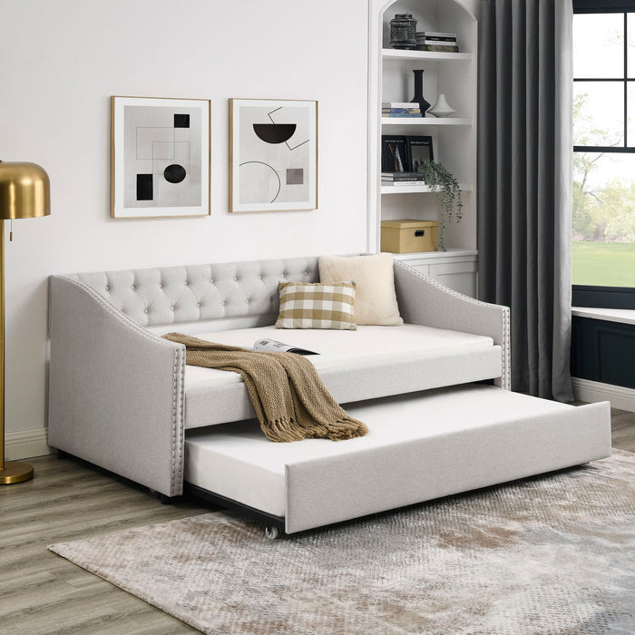 Upholstered Tufted Daybed With Drawers, Waved Arms Home Essentials