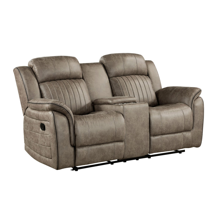 Classic Sandy Brown 1 Piece Double Reclining Loveseat With Storage Console Cupholder Plush Comfort Pillow - Top Arms Vertical Tufting Solid Wood Luxury Living Room Furniture