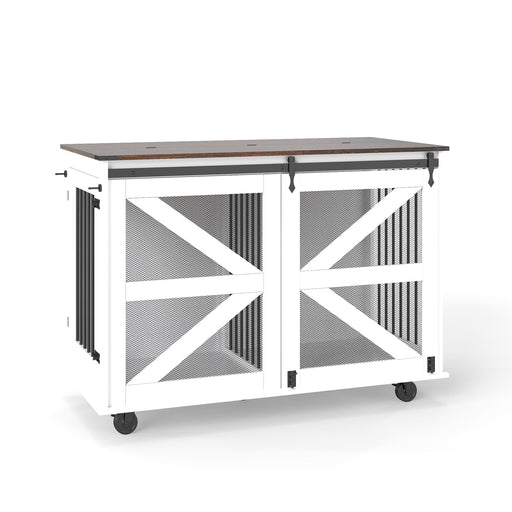 Mobile Dog Crate With Flip Top Feeding Door, Dual Access & 5 Caster System (2 Locking) - Brown White Home Essentials