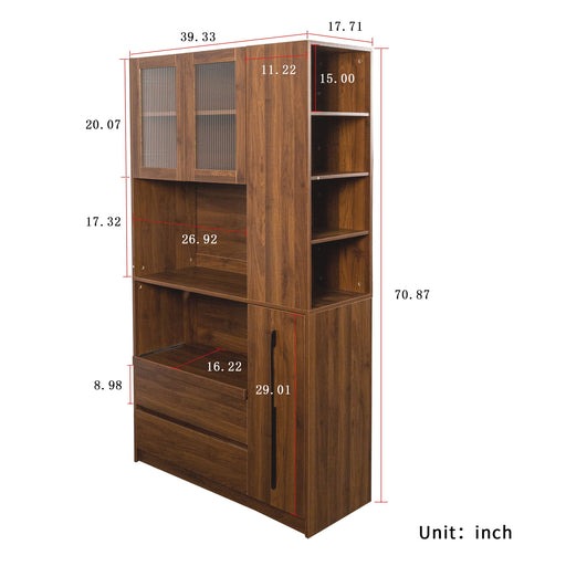 Tall Kitchen Pantry Cabinet With 4 Tier Side Shelf, 2 Drawers, Freestanding Food Hutch With Microwave Stand For Dining Room - Walnut Home Essentials